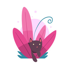 Cute Funny Cat Hiding and Peeking Out of Colorful Dense Grass Vector Illustration