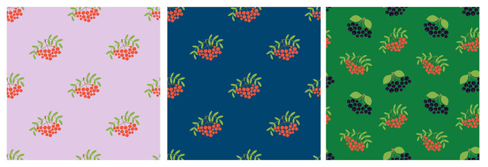 Fototapeta na wymiar Seamless pattern. Vector berries. Mountain ash, rowan, viburnum and black chokeberry. Natural fashion print. Design elements for textile or clothes. Hand drawn doodle repeating delicacies. Food