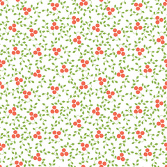 Seamless pattern. Mountain ash and viburnum. Vector red berries. Kid's fashion print. Design elements for textile or clothes. Hand drawn doodle repeating delicacies. Cute backgrounds