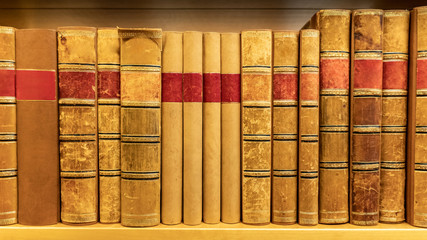 Antique leather cover books on wooden bookshelf in university public library. Reading philosophy or history studying. Education research and self learning concepts