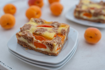 home made apricot cheesecake with chocolate crumble