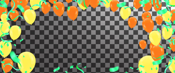 Happy holiday frame background with colorful balloon, gifts, confetti, carnival cap and streamer. Flat lay. Top view. Birthday