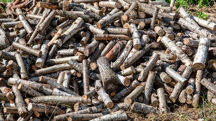 Background of dry firewood logs in a pile. Preparation for the winter season, fossil fuels