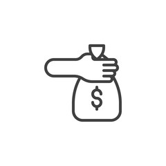 Hand with money bag line icon. linear style sign for mobile concept and web design. hand giving dollar money bag outline vector icon. Investment symbol, logo illustration. Vector graphics