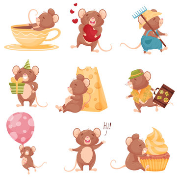Set of images of cartoon mice. Vector illustration on white background.