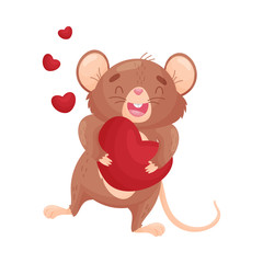 Cartoon mouse holds the heart. Vector illustration on white background.