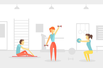 People Trainining in Physiotherapeutic Gym Class, Orthopedic Exercises for People after Injuries, Physical Training and Rehabilitation Vector Illustration