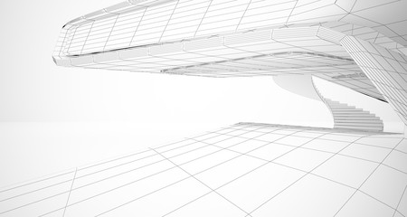 Drawing abstract architectural white interior of a minimalist house with large windows. 3D illustration and rendering.