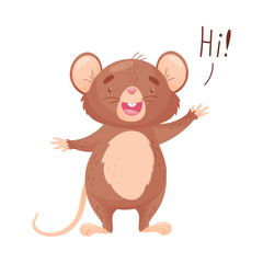 Cartoon mouse waving his hand and salutes. Vector illustration on white background.