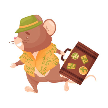 Cartoon mouse with a suitcase. Vector illustration on white background.