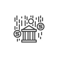 Bank building and falling coins line icon. linear style sign for mobile concept and web design. Dollar money rain and bank outline vector icon. Symbol, logo illustration. Vector graphics