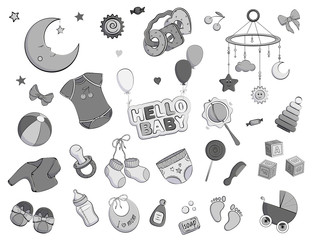 Newborn infant themed doodle set.