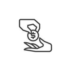 Payment hand line icon. linear style sign for mobile concept and web design. Hand giving coin money outline vector icon. Charity, donation symbol, logo illustration. Vector graphics