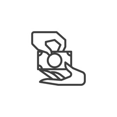 Receiving money line icon. linear style sign for mobile concept and web design. Hand gives money bill outline vector icon. Charity symbol, logo illustration. Vector graphics