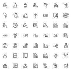 Business and finance line icons set. linear style symbols collection, outline signs pack. vector graphics. Set includes icons as Hand with coins money, Dollar money bag, Bank building, exchange, card