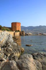 View of the red tower in the harbor of Alanya.