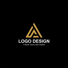 Mountain gold logo design vector.  Adventure triangle abstract logo icon illustration.