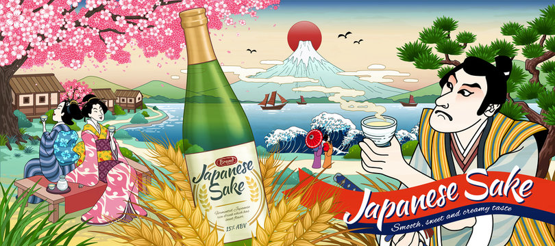 Ukiyo e style Japanese sake ads