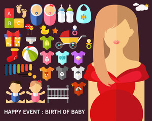 Obraz premium happy event : birth of baby concept background. Flat icons.