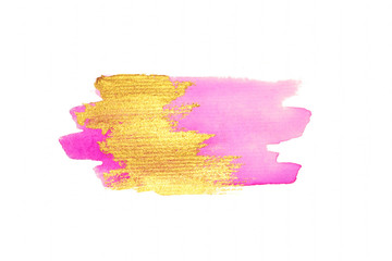 Abstract golden and pink watercolor stains on white background for your design