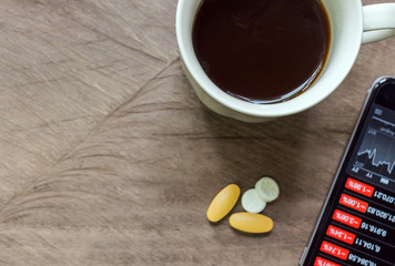Black coffee and aspirin with a bad news in the morning. Stock market crash, analysis of the market data on smartphone.