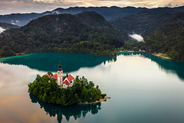 Bled, Slovenia - Beautiful aerial view of Lake Bled (Blejsko Jezero) with the Pilgrimage Church of...