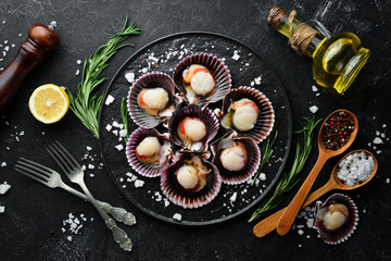 Fresh scallops with spices. Seafood. Top view. On a black background. Free copy space.