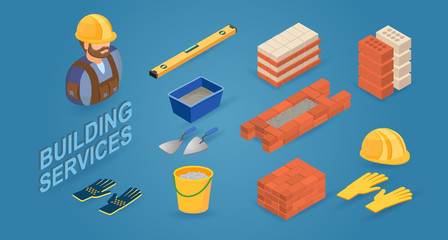 Building service. Worker, tools and elements of brick wall. Vector.