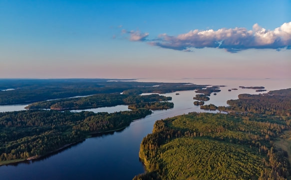  Republic of Karelia. Russia. Karelian Islands from above panorama with drone. Ladoga lake. Karelian water area with a panorama. Islands in Lake Ladoga. Northern nature of Russia. Karelian landscapes.