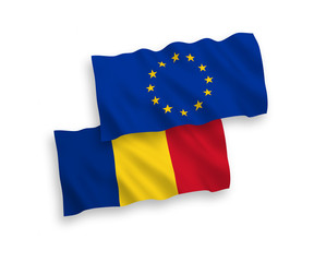 National vector fabric wave flags of European Union and Romania isolated on white background. 1 to 2 proportion.