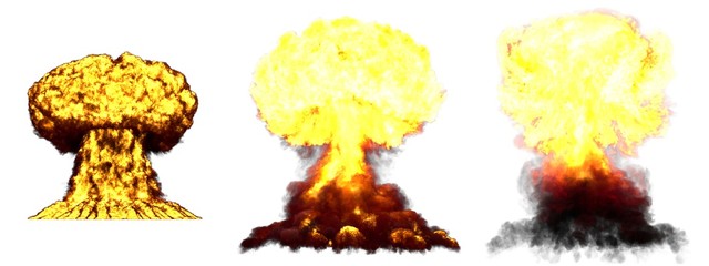 3D illustration of explosion - 3 large very high detailed different phases mushroom cloud explosion of super bomb with smoke and fire isolated on white