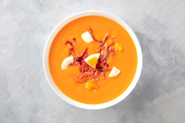 Salmorejo, Spanish cold tomato soup, shot from above