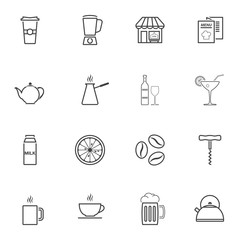 Cafe line icons set. linear style symbols collection, outline signs pack. vector graphics. Set includes icons as restaurant menu, cocktail drink, coffee beans, hot tea, beer mug, milk box, wine, cezve