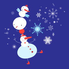 Christmas card of the dancing snowmen on a blue background
