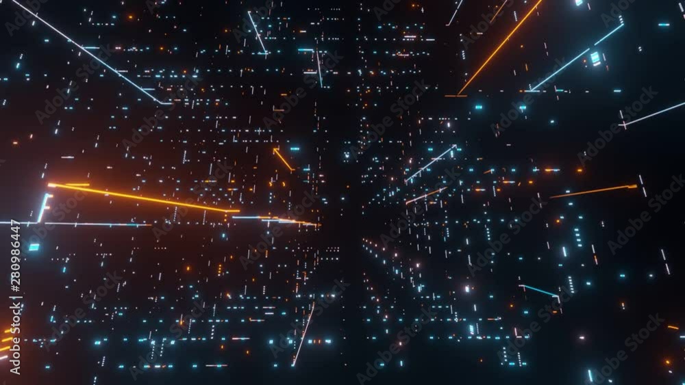 Poster seamless loop. camara pan across neon glow led dots and lines, traversing and navigating inside abst