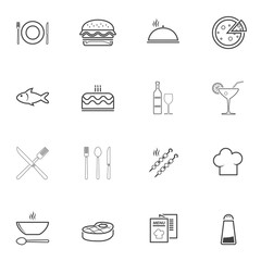 Restaurant menu line icons set. linear style symbols collection, outline signs pack. vector graphics. Set includes icons as pizza, burger, seafood, meat steak, dessert, drinks, soup, shish kebab