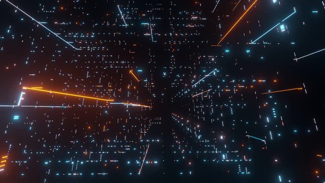 Seamless loop. Camara pan across neon glow led dots and lines, traversing and navigating inside abstract technology binary data. Concept of Big data, artificial intelligence, core ai, cpu processing