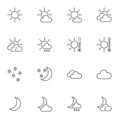 Meteorology line icons set. linear style symbols collection, outline signs pack. vector graphics. Set includes icons as forecast weather, sunny day, starry night, clouds, thermometer, rain, lightning