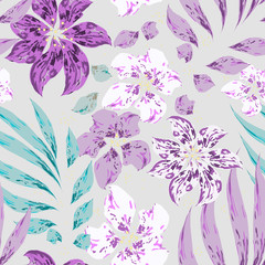 Beautiful softness tropical floral vector seamless pattern. Purple and white flowers with leaves on gray background. Template for textile, wallpaper, print, web site, carton, banner, ceramic tile.
