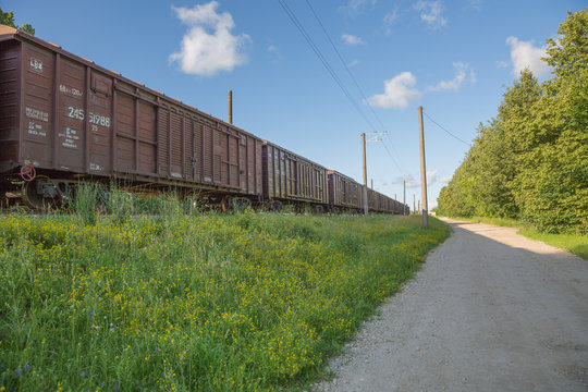 City Riga, Latvia Republic. A freight wagon is standing on a rail track. Juny 28. 2019 Travel photo.