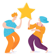 Pair of happy people holding a star who dance from happiness
