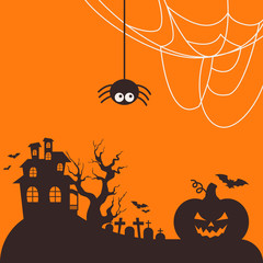 Halloween dark castle with flying bat on orange background