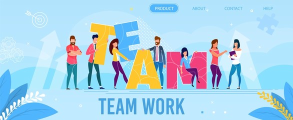 Team Work Metaphor Landing Page in Flat Style