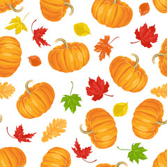 Autumn seamless pattern. Orange pumpkins and colorful falling leaves on a white background. Vector illustration in cartoon flat simple style.