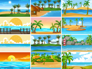 Set of tropical ocean nature scenes with beaches