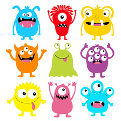 Fototapeta premium Monster colorful round silhouette icon set. Eyes, tongue, tooth fang, hands up. Cute cartoon kawaii scary funny baby character. Happy Halloween. White background. Flat design.