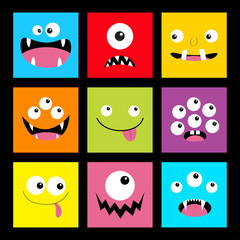 Monster head set. Square head. Boo Spooky Screaming smiling sad face emotion. Three eyes, tongue, teeth fang, mouse.Happy Halloween card. Flat design style. Black background.