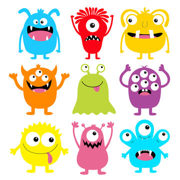 Monster colorful round silhouette icon set. Eyes, tongue, tooth fang, hands up. Cute cartoon kawaii scary funny baby character. Happy Halloween. White background. Flat design.