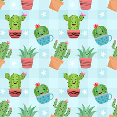  Cute cactus in pots seamless pattern.