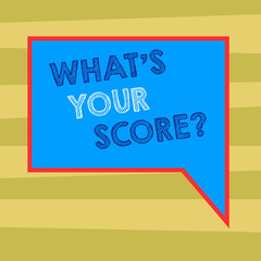 Text sign showing What S Your Score. Business photo text Personal grade rating on a competition game or study Blank Rectangular Color Speech Bubble with Border photo Right Hand